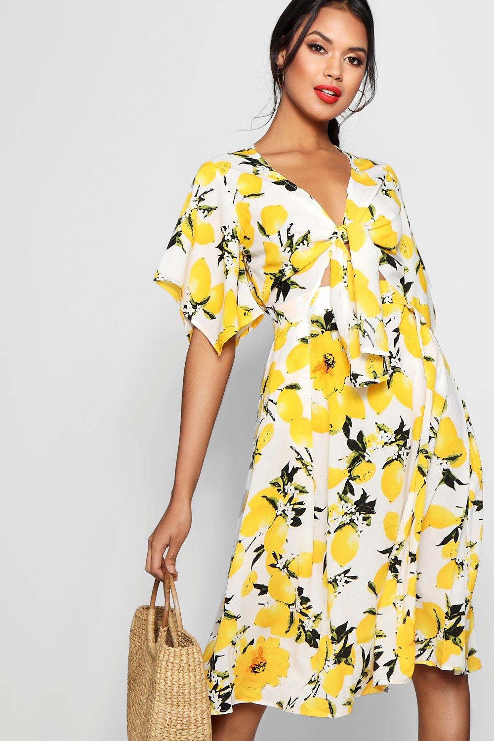 Knot Front Lemon Print Midi Dress | boohoo